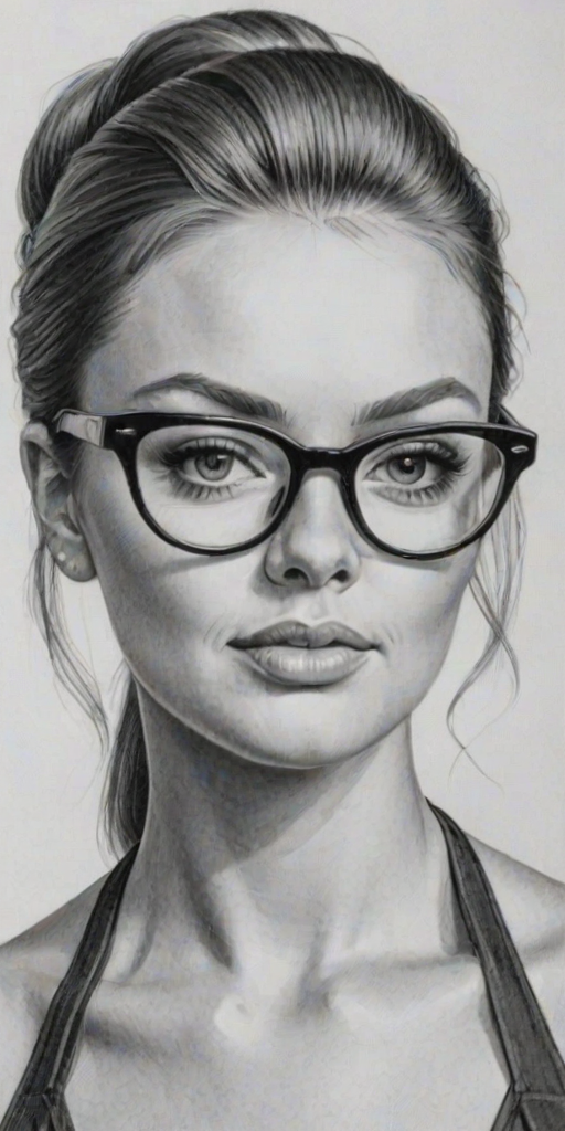 Appealing Billi Mucklow, pencil sketch, portrait of Magnificent woman 1967s in glasses, hair style beatnik, outline, clear lines, fine lines, 8k