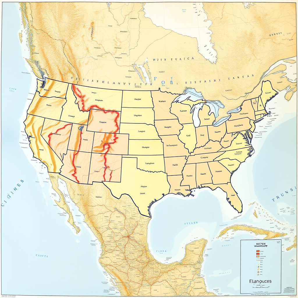 Create a high-resolution vector map of the United States with clear state boundaries, using a DSLR camera with a wide-angle lens, f/8 aperture, ISO 100, and a panoramic view for enhanced detail and clarity.