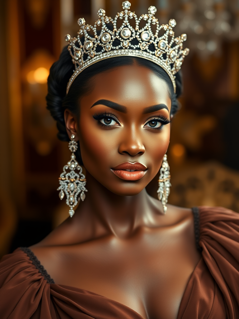 A gorgeous African American woman in a luxurious brown gown, accessorized with a dazzling tiara and statement earrings, her deep white eyes highlighted by impeccable makeup, poised in a royal setting, photorealistic, 8K quality