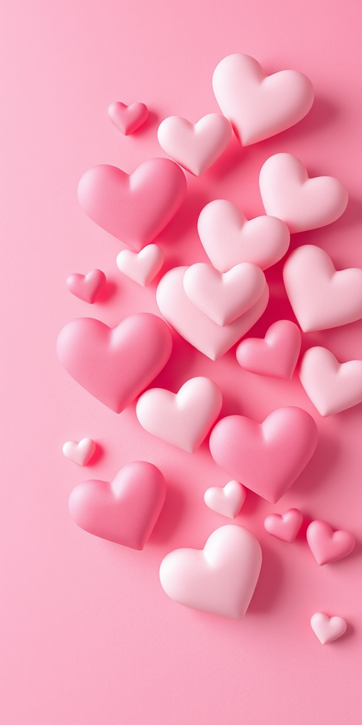 Create a soft, romantic background with overlapping pink hearts of various sizes on a gradient pink backdrop, captured with a Canon EOS R5, 50mm f/1.2 lens, f/2.8, ISO 100, soft-focus style.