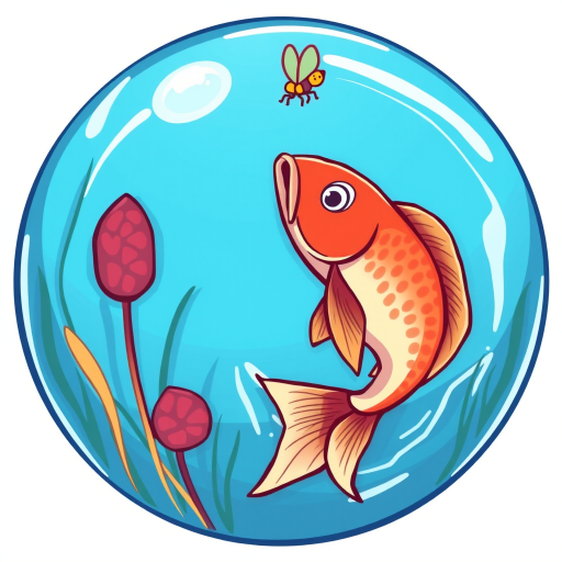 Generate an illustration of a cartoonish fish jumping out of a blue circular pond trying to catch an insect above, with vibrant colors, clear details and smooth lines, captured with a DSLR camera, aperture f/4, shutter speed 1/250s, ISO 100, viewed from a slightly elevated angle.