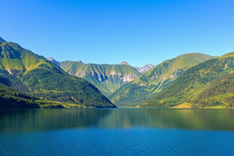 Create a high-resolution digital illustration of a serene landscape featuring a calm lake surrounded by lush green mountains under a clear blue sky, captured with a Canon EOS R5 at 24mm focal length, f/8 aperture, ISO 100, using a wide-angle lens to enhance depth of field and clarity, in vibrant colors.