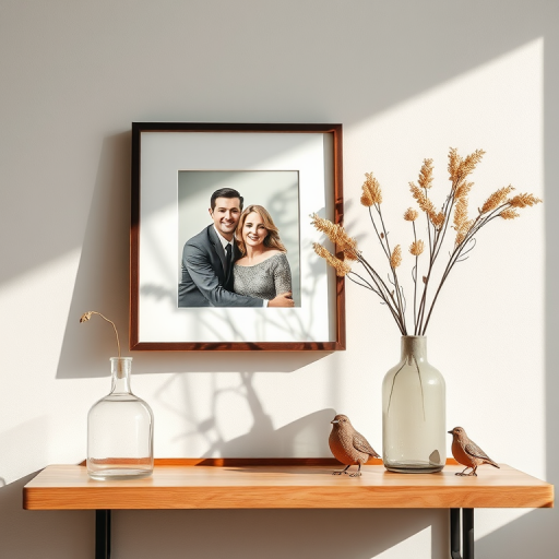 photograph a modern interior shelf displaying a framed portrait of a couple, a vintage vase with dried flowers, and a small decorative bird, using a DSLR camera with a 50mm lens, aperture set to f/1.8 for shallow depth of field, ISO 200 for optimal clarity, and natural light for a soft, warm ambiance, capturing from a slightly angled view to add depth to the composition