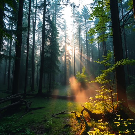 Create a high-resolution image of a peaceful forest landscape during sunrise with soft morning light, using a Canon EOS R5 with a 24-70mm f/2.8 lens, f/8 aperture, ISO 100, and a shutter speed of 1/200 sec, shot from a low angle to capture the lush greenery and the mist rising from the ground.
