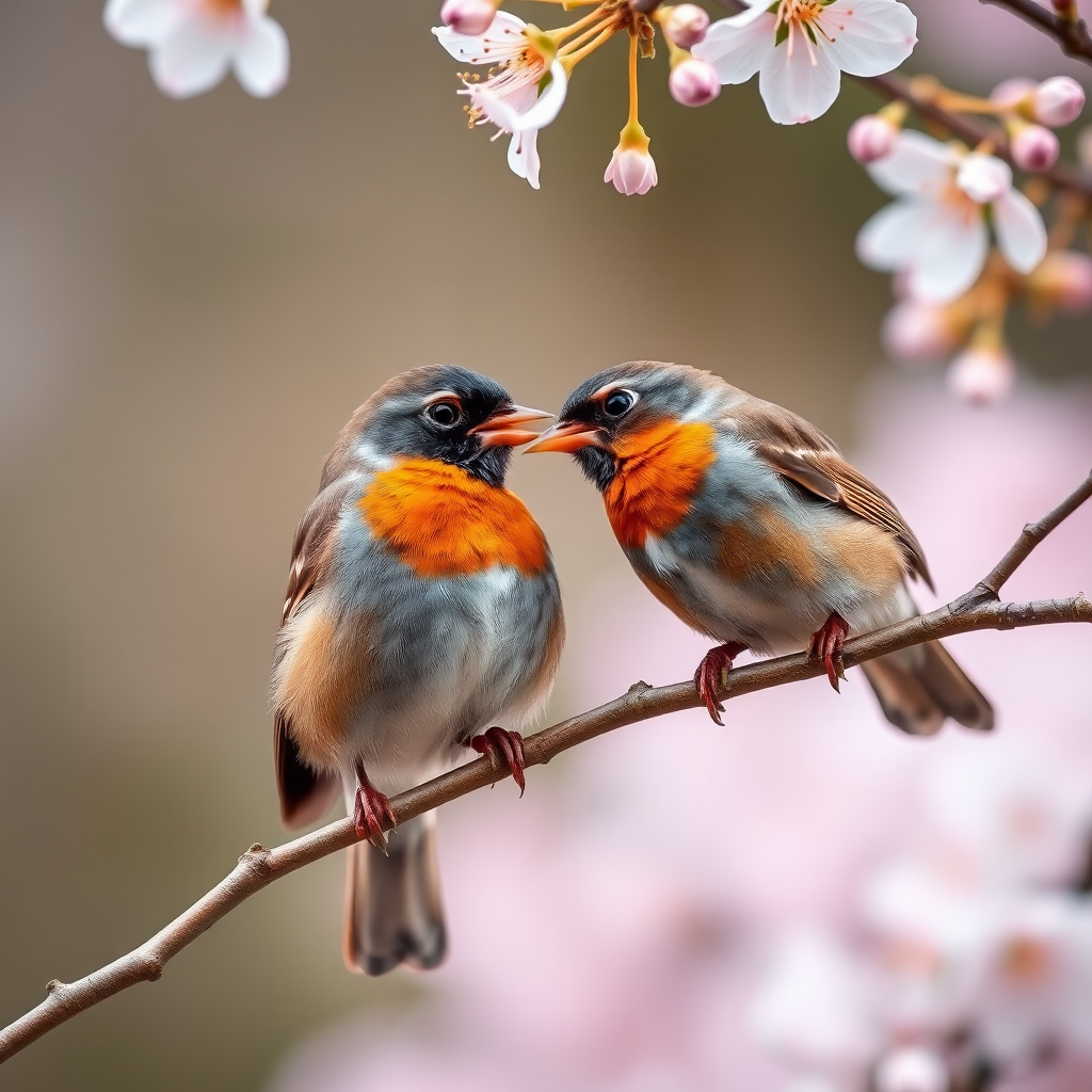 capture a close-up of two robins feeding each other on a branch with cherry blossoms in the background, shallow depth of field, aperture f/2.8, ISO 200, 1/100s, soft natural light, DSLR camera, 100mm macro lens, vibrant colors, high-resolution image