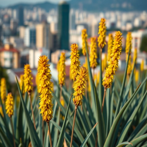 Aloe plants with yellow flowers in focus against a blurred cityscape background, taken with a Canon EOS 90D, 50mm lens, aperture f/2.8, ISO 100, daylight setting.