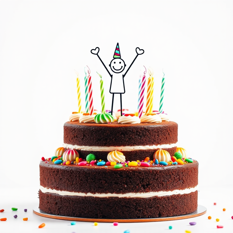 Create an image of a three-tiered chocolate cake decorated with colorful candles and icing, featuring a joyful stick figure with arms raised in celebration, captured in a bright studio setting using a DSLR camera with a 50mm lens, f/1.8 aperture, ISO 200, and a soft focus background to enhance clarity and vibrancy.