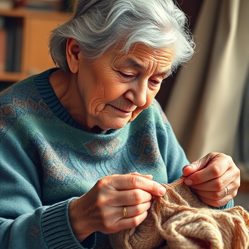 A detailed illustration of an elderly woman knitting, with intricate colors and textures, captured using a DSLR camera with a 50mm lens at f/1.8, shot from a three-quarter view, with soft natural lighting to enhance depth and clarity.