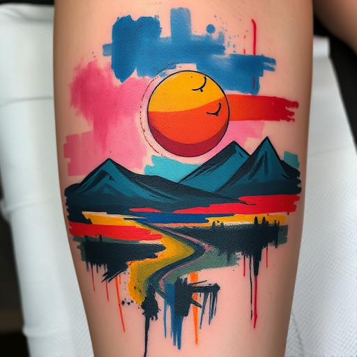 Abstract expressionist tattoo piece titled "Emotional Landscape" using bold brushstrokes and vivid colors to create a non-representational design that evokes strong emotions and personal interpretations