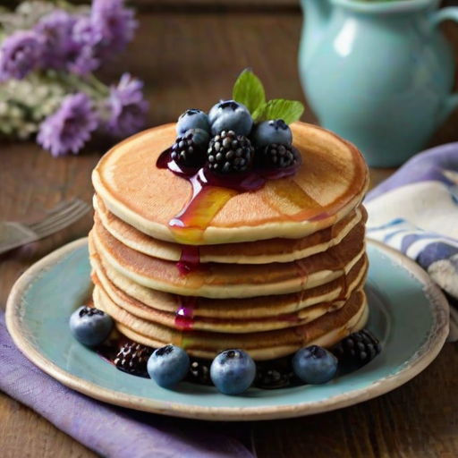 Create an image of a tall stack of pancakes layered with creamy filling, topped with fresh blueberries and blackberries. Decorate with small purple flowers and arrange some berries around the base on a rustic plate. Use a soft, muted background to enhance the colors of the pancakes and berries.