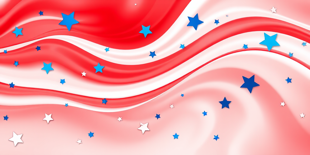 Create an abstract design featuring flowing red and white stripes with blue and white stars scattered throughout, captured with a DSLR camera, 50mm lens, f/2.8 aperture, ISO 100, in a high-resolution format to enhance clarity and color vibrancy.