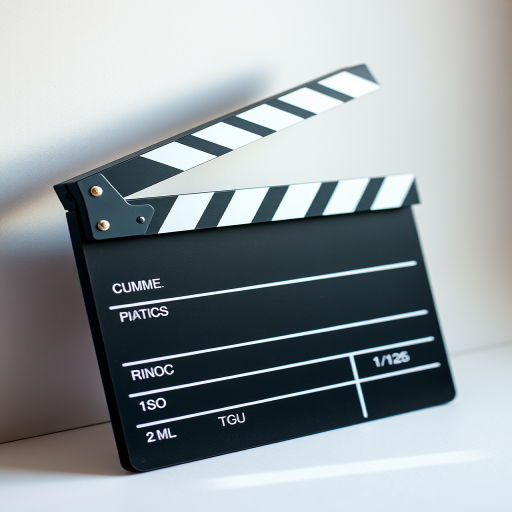 Create a high-resolution image of a classic movie clapperboard positioned at an angle, using a DSLR camera with a 50mm lens, aperture set to f/2.8, ISO 100, and a shutter speed of 1/125 sec, in soft, diffused lighting to enhance details and contrast.