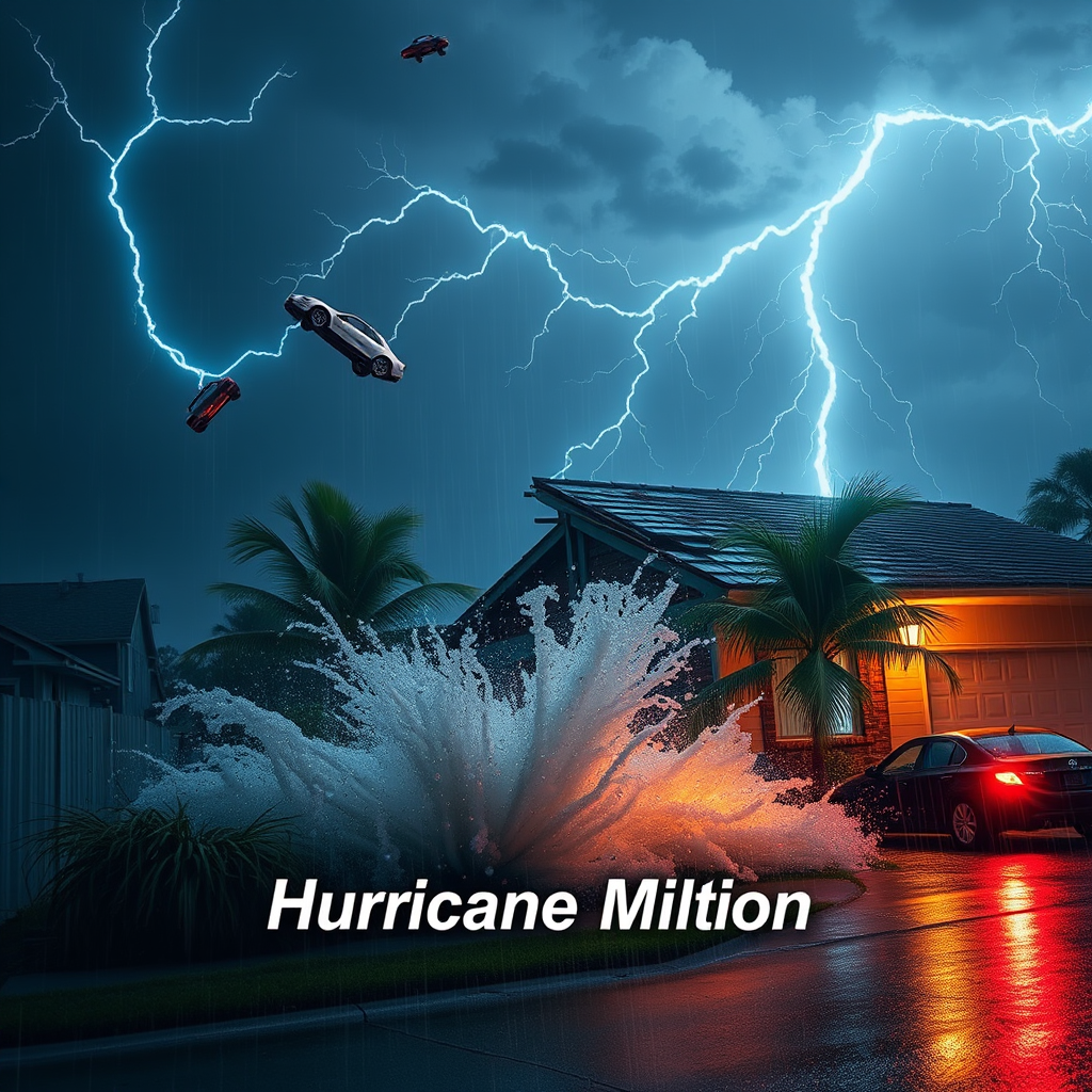 Hurricane Milton blows a roof off a home. Strong winds and rain blows sideways. Palm trees uprooted and bent over. Cars flying through the sky with debris. Sky is dark with thunder storms. Lightning strikes are fluorescent blue. Add text Hurricane Milton 2024