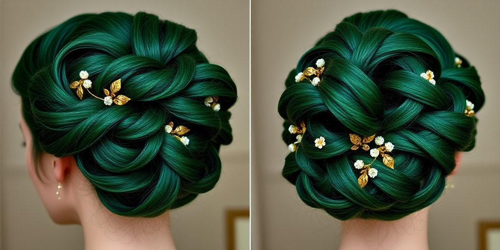 Regal Emerald Green Updo styled into an intricate braided bun, adorned with delicate gold leaf accents and tiny emerald-hued flowers for a majestic appearance