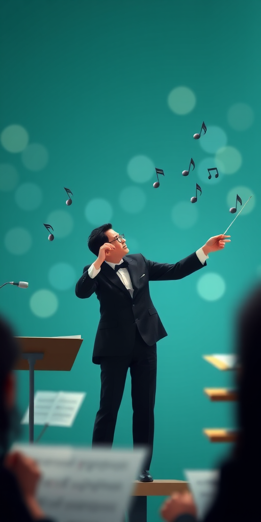 Create an illustration of a conductor with a baton orchestrating music notes on a teal background with soft bokeh effects, using a DSLR camera at f/2.8, ISO 100, 50mm lens, shot from a slightly elevated angle to enhance depth and clarity.