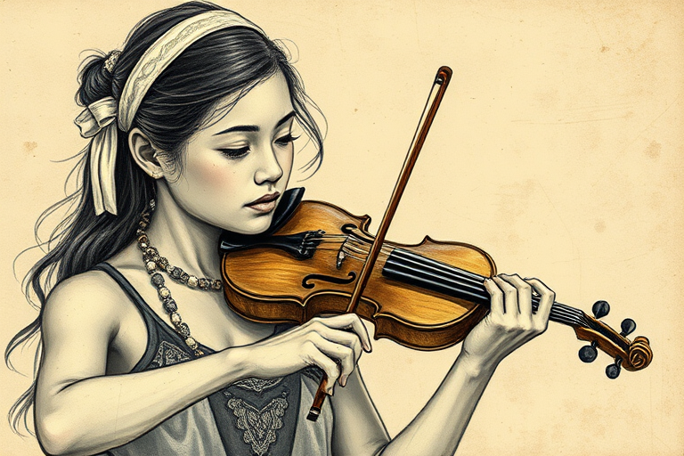 a young Hawaiian woman with a white headband playing a violin, in the style of a charcoal drawing, sepia grunge background