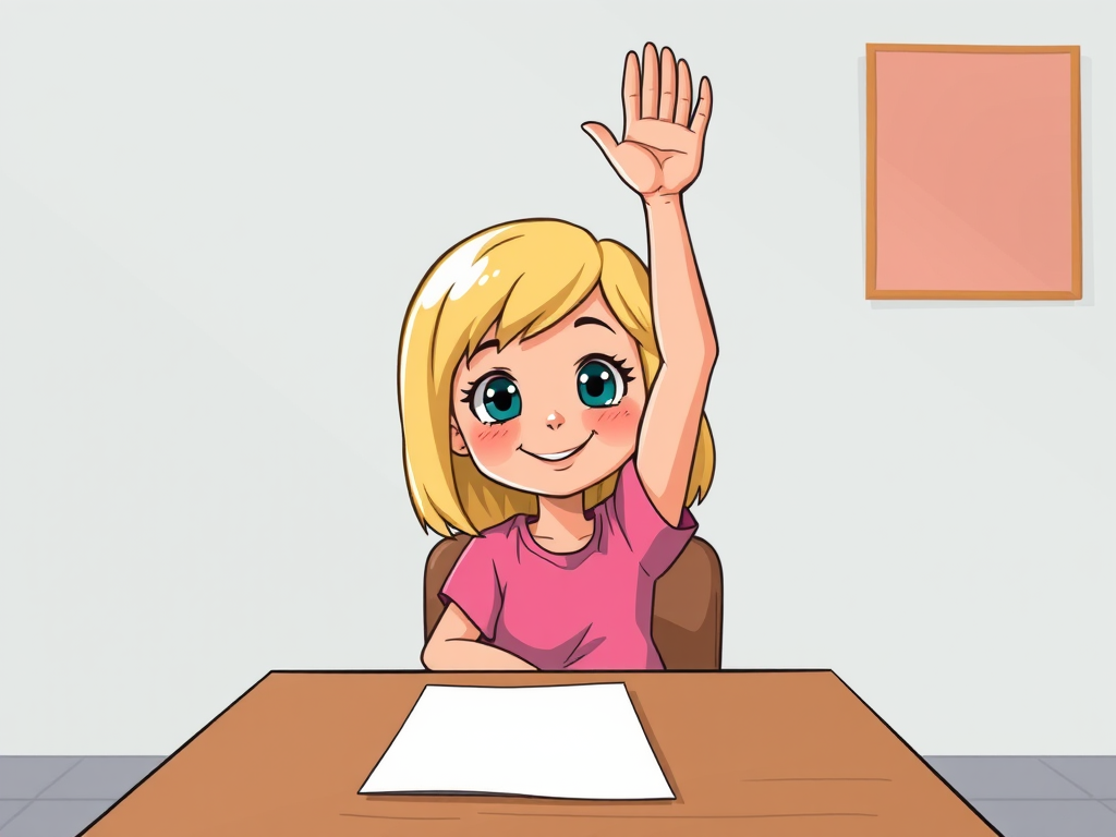 Create a vibrant cartoon-style illustration of a girl with blonde hair raising her hand, wearing a pink shirt, sitting at a brown desk with a blank paper in front of her, shot with a digital camera at f/4 aperture, ISO 100, in natural light, using a wide-angle lens for a clear and engaging perspective.