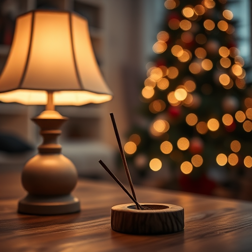 Capture a cozy indoor scene featuring an incense stick on a wooden holder beside a warm lamp and a beautifully decorated Christmas tree, with soft bokeh lights in the background, using a Canon EOS R5 with a 50mm f/1.2 lens, shutter speed of 1/60 sec, ISO 400, aperture f/2.8, soft lighting to enhance atmosphere.