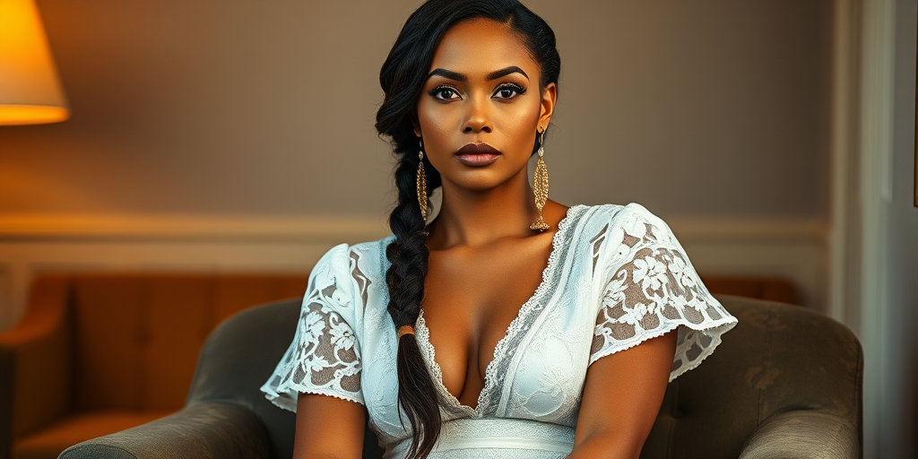 Create a portrait of a refined and elegant Samoan woman seated in a sophisticated setting. She has long, wavy hair styled in two thick braids that are pulled over her shoulders. She wears a white, lace gown with intricate patterns, featuring a deep V-neckline and short sleeves. The dress exudes a vintage charm with its delicate lacework. She is adorned with ornate, dangling earrings that add a touch of glamour to her appearance. The background is softly lit, with warm, ambient lighting that creates a cozy and inviting atmosphere. Her expression is poised and serene, capturing a sense of grace and elegance.