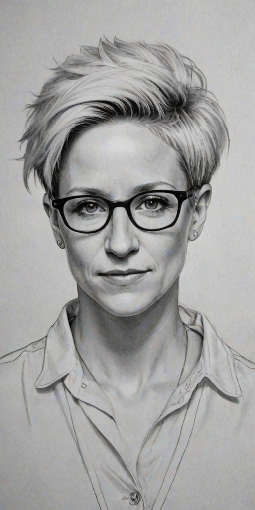 Resplendent Megan Rapinoe, pencil sketch, portrait of Captivating woman 1922s in glasses, hair style beatnik, outline, clear lines, fine lines, 8k
