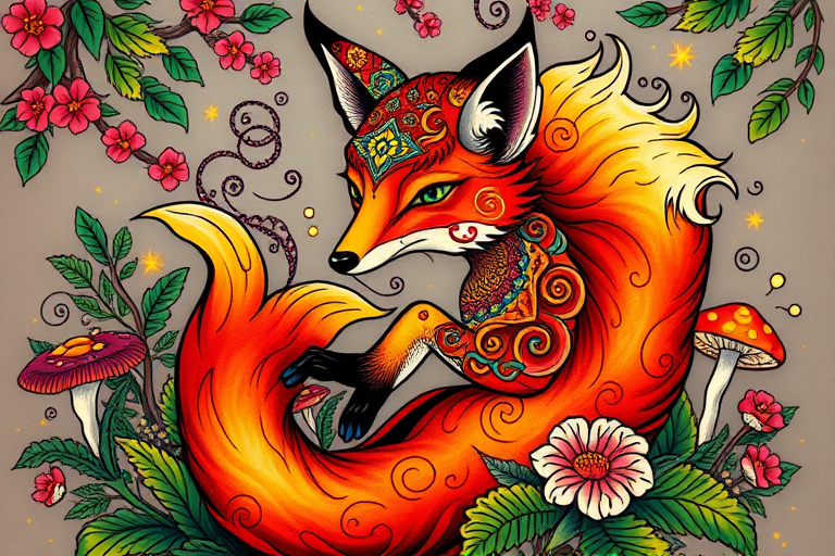 Colorful neo-traditional tattoo named "Enchanted Forest Guardian" depicting a mystical fox with vibrant orange and red fur adorned with intricate floral patterns and swirling designs, surrounded by lush foliage and magical elements like glowing mushrooms and fireflies, all rendered in a bold and stylized manner with saturated colors and strong black outlines