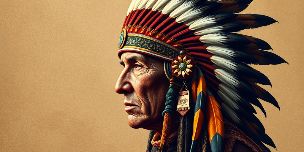 Create a vibrant illustration of a Native American chief's profile adorned with a detailed feathered headdress, featuring rich earth tones and intricate patterns on a textured beige background, captured with a Canon EOS R5, 50mm lens, f/1.8 aperture, ISO 100, in soft natural light for enhanced color depth and clarity.
