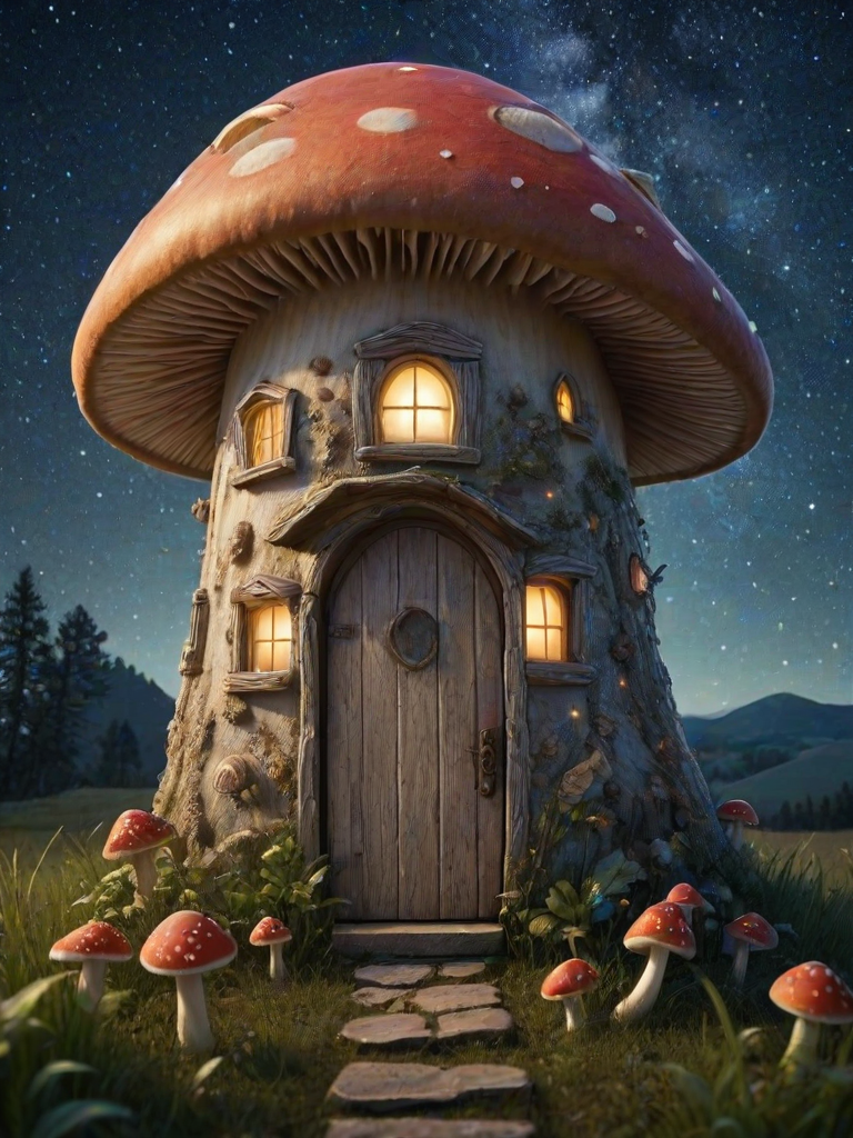 this photo is illustration of a mushroom house with a door and a window, a storybook , fantasy art, mushroom house, bg starry sky, sparkles