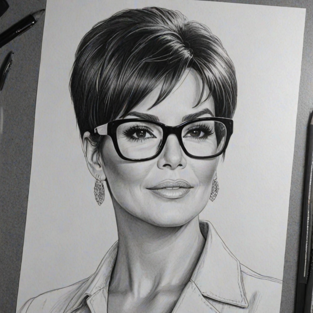 Beauteous Kris Jenner, pencil sketch, portrait of Stunning woman 1968s in glasses, hair style beatnik, outline, clear lines, fine lines, 8k