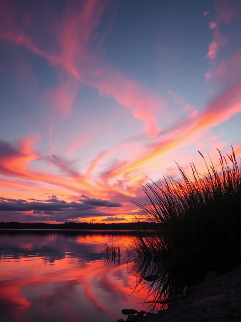 Generate a high-resolution image of a serene sunset over a calm lake with vibrant colors reflecting in the water, shot with a Canon EOS R5 at f/1.8, ISO 100, 1/60 sec, using a wide-angle lens from a low angle to capture the foreground and sky in detail.