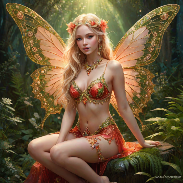 A digital artwork features a winged fairy with delicate Salmon butterfly wings, adorned with intricate Juniper andFern patterns. She is seated on a vibrant Lime flower, wearing a revealing red two-piece outfit with sparkling beadwork. Her fair skin, long blonde hair, and gold jewelry add to her ethereal appearance. The background is a warm, golden gradient, creating a magical atmosphere. Small glowing orbs and sparkles surround the flower, enhancing the enchanting, highly detailed, and realistic scene.