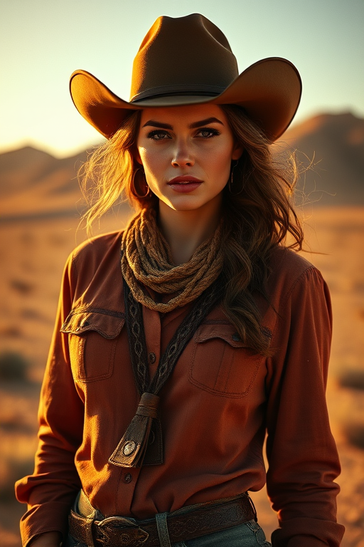 Dramatic photo of a beautiful Georgian woman, classic cowboy attire, confident and free spirit expression, half-length portrait, centered, golden hour desert landscape, warm, diffused light, low angle, medium format film camera, in style of Annie Leibovitz.