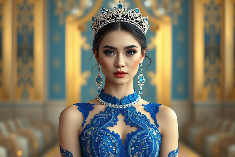 A gorgeous Kyrgyz woman in a luxurious blue gown, accessorized with a dazzling tiara and statement earrings, her deep blue eyes highlighted by impeccable makeup, poised in a royal setting, photorealistic, 8K quality