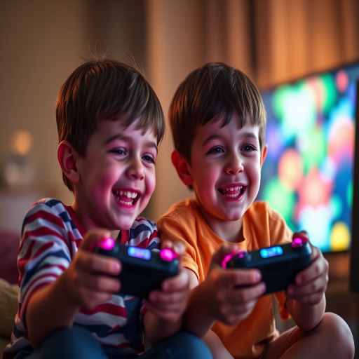Two children joyfully playing video games together, illuminated by colorful screen lights, soft bokeh background, shallow depth of field, 50mm lens, f/1.8 aperture, ISO 400, 1/60 sec shutter speed, natural warm lighting.
