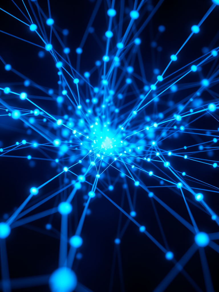 abstract digital network with glowing blue nodes and interconnected lines, high-resolution, ISO 100, f/8 aperture, 24mm wide-angle lens, captured with a DSLR camera, centered perspective, enhanced contrast and depth.