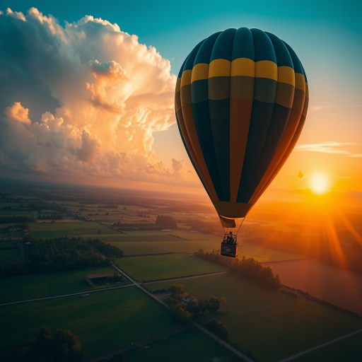 Capture a vibrant hot air balloon soaring above lush green fields at sunset, with dramatic clouds illuminated by warm sunlight, using a Canon EOS R5, 24mm lens, f/8, ISO 100, at sunrise, aerial view, high dynamic range photography.