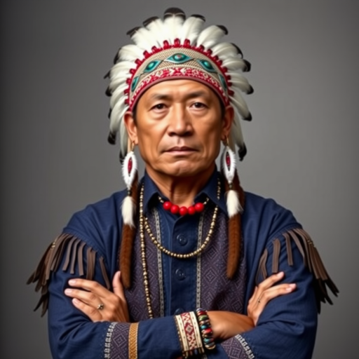 Create a dignified portrait of a Native American man dressed in traditional attire. He wears a beautifully crafted headdress adorned with white feathers and red beads, along with a beaded headband featuring intricate patterns. His clothing includes a deep blue, patterned shirt and a traditional chest piece with detailed beadwork. His arms are crossed, displaying leather armbands decorated with feathers. The background is simple and neutral, emphasizing his proud and stoic expression. The overall image captures the rich cultural heritage and strength of his persona.