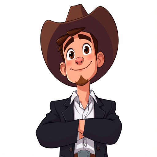 Create an animated character of a man wearing a cowboy hat and a black suit, standing confidently with a subtle smirk, high resolution, 4K quality, shot from a low angle perspective, using a digital drawing style to enhance sharpness and detail.