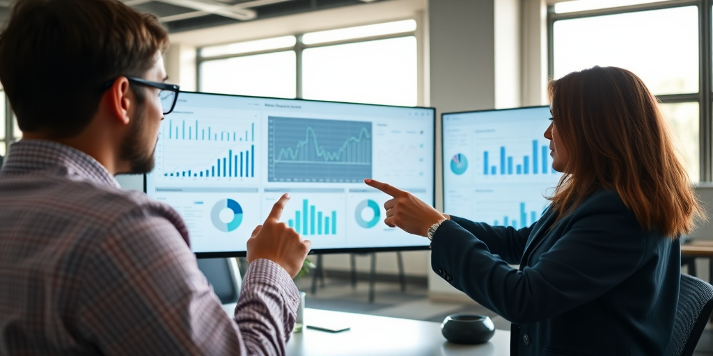 two professionals analyzing data on large screens in a modern office environment, focus on their hands pointing at graphs and charts, natural light streaming through windows, camera settings f/2.8, ISO 400, shutter speed 1/60, camera type DSLR, camera view close-up, camera style portrait.