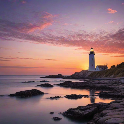 Generate an image of a tall lighthouse perched on a rocky outcrop surrounded by calm ocean waters during a breathtaking sunset. The lighthouse stands sturdy and weathered, its stone surface illuminated by the warm golden light of the setting sun. The sun's rays pass directly through the glass lantern room at the top of the lighthouse, casting a brilliant light across the scene. The sky is painted with vibrant shades of orange, pink, and purple, reflecting off the tranquil sea. The surrounding water shimmers with the same warm hues, creating a serene and majestic atmosphere.