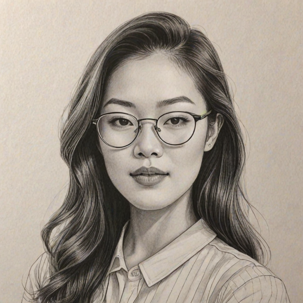 Stunning Arden Cho, pencil sketch, portrait of Pleasing woman 1945s in glasses, hair style beatnik, outline, clear lines, fine lines, 8k