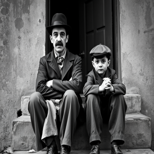 A black-and-white photograph of a man and a child sitting on steps in front of a doorway. The man is dressed as a tramp with a bowler hat, mustache, and ragged clothes, reminiscent of Charlie Chaplin's iconic look. He is sitting with his arms crossed and an expression of slight sadness or frustration. Next to him is a young boy, also in worn clothes and a cap, sitting with his hands clasped, looking thoughtful. The background is an old, textured wall and a partially open door, creating a vintage, early 20th-century atmosphere.