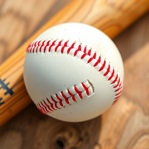 Create a high-resolution image of a wooden baseball bat and a white baseball with red stitching positioned together, using a DSLR camera with a 50mm lens, aperture set to f/2.8, ISO 100, and shot in natural lighting from a slight overhead angle to enhance the detail and texture of the objects.