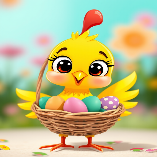 Create an illustration of a cartoon chicken with large expressive eyes holding a basket filled with colorful Easter eggs, using a bright color palette, in a playful and whimsical style, captured from a front view with a shallow depth of field, using a digital camera with a 50mm lens at f/2.8 for sharp focus and vibrant colors.