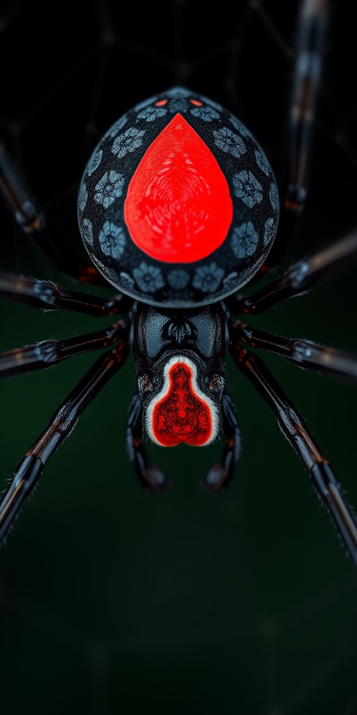 Create a high-resolution illustration of a black widow spider with a prominent red hourglass shape on its abdomen, using a macro lens perspective; settings: ISO 100, f/2.8, shutter speed 1/200 sec, in a digital format with high contrast and vivid colors.