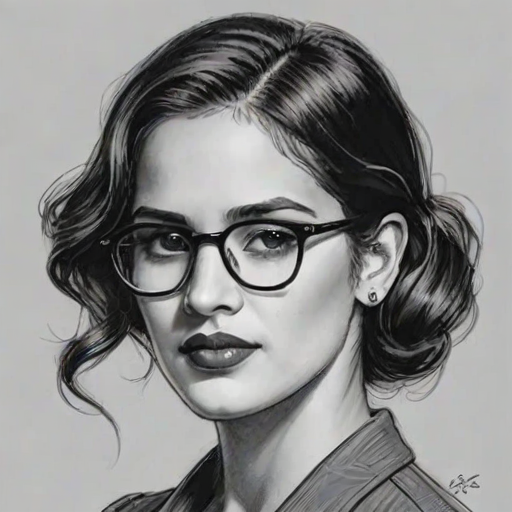 Alluring Adria Arjona, pencil sketch, portrait of Fascinating woman 1930s in glasses, hair style beatnik, outline, clear lines, fine lines, 8k
