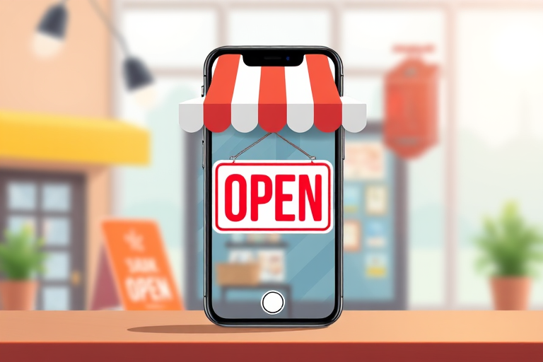 Create a digital illustration of a smartphone displaying an open sign with a shop awning above it, use a 50mm lens, f/2.8 aperture, soft focus background, and a wide-angle view to enhance clarity and depth.