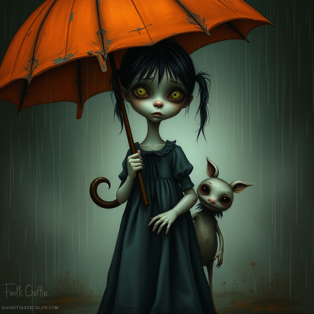 An eerie, weird little girl with dark hair in thin pigtails, wearing a smock dress, standing in the rain, holding a dirty orange umbrella, a small, odd creature beside her. In a surreal style inspired by Nicoletta Ceccoli and Brian Froud. Dark fantasy themes