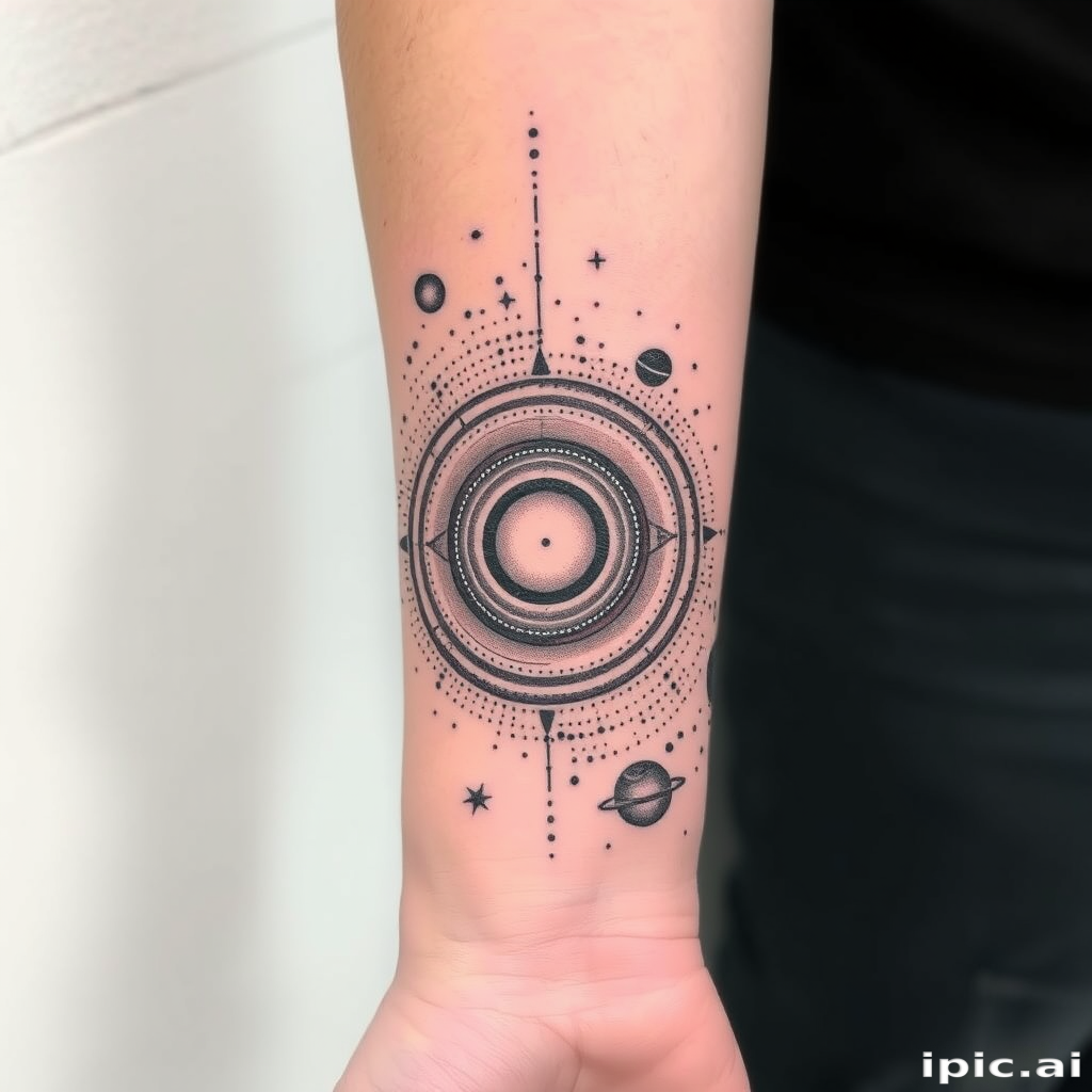 Cosmic dotwork tattoo of the solar system wrapping around the wrist, using precise stippling techniques to create gradients and textures for a celestial masterpiece