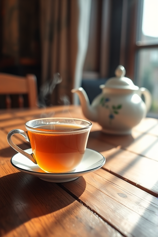 Close-up of a freshly brewed cup of tea on a wooden table, with a delicate china teapot nearby, soft steam rising from the cup, and sunlight streaming through a nearby window.