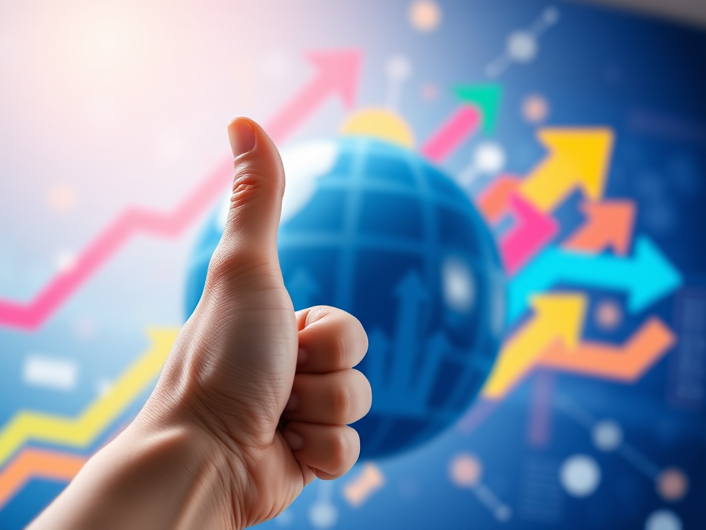 Create a vibrant business growth image featuring a large blue sphere with upward arrows inside, a close-up of a hand giving a thumbs up in the foreground, colorful arrow graphics in the background, taken with a DSLR camera at f/2.8 aperture, ISO 100, 50mm lens, shot in portrait mode for a blurred background effect.